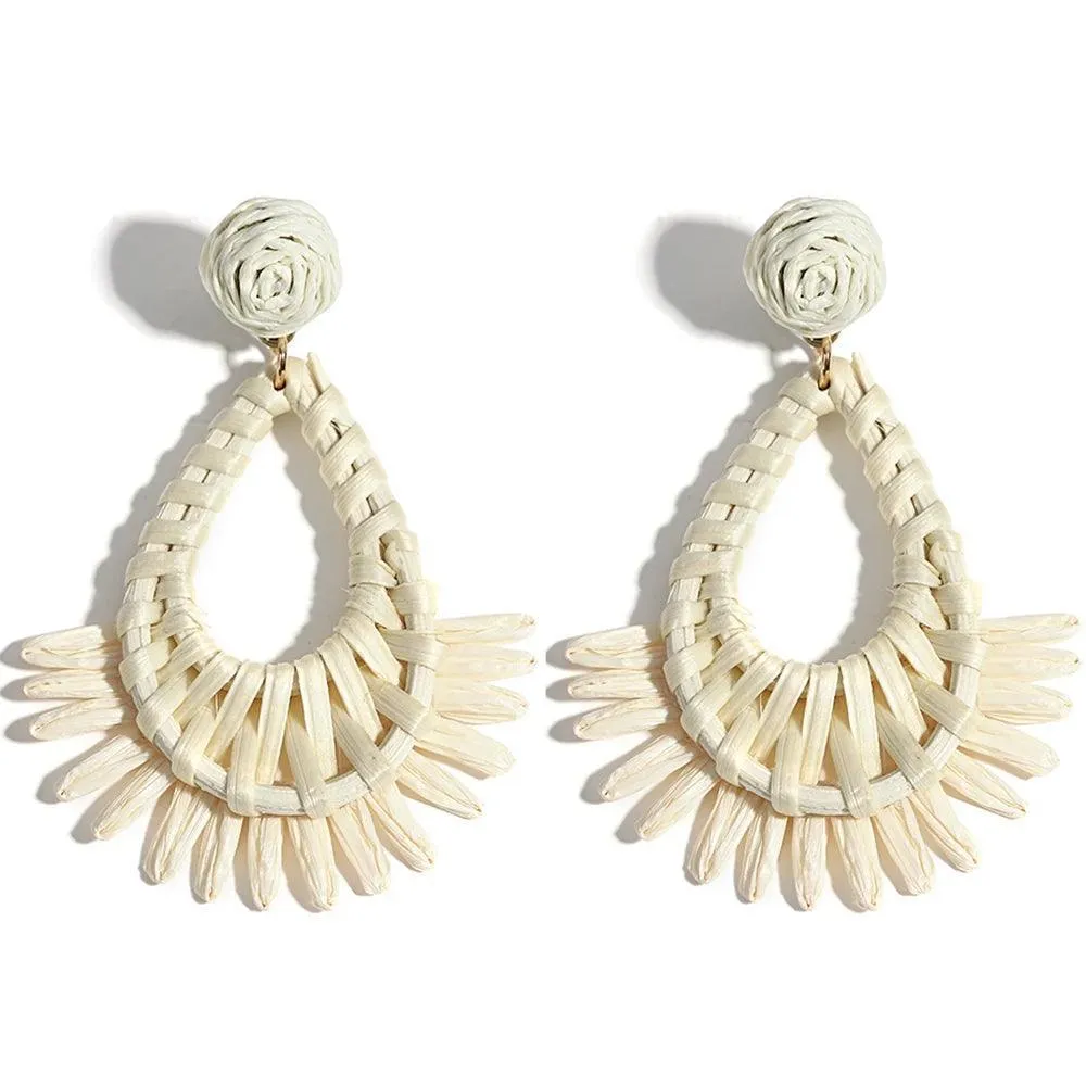 Boho Raffia Rattan Earrings, Handmade with Wood & Zinc Alloy, Lightweight & Bold, 32 Styles for Casual or Boho-Chic Looks