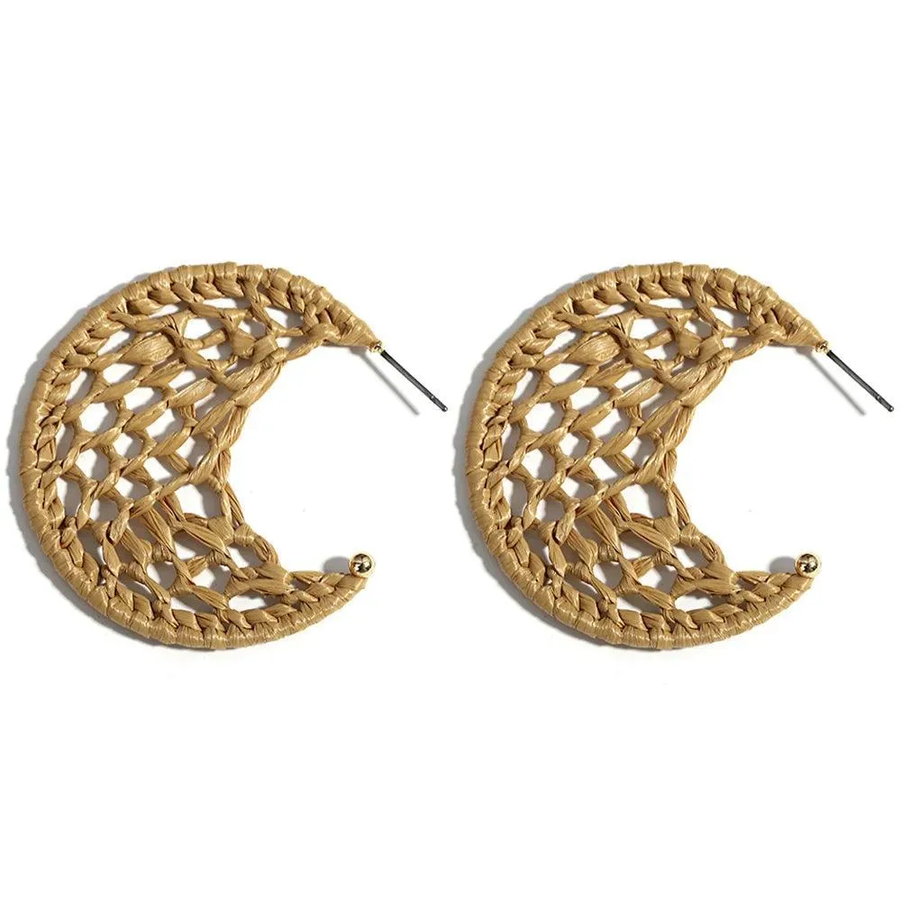 Boho Raffia Rattan Earrings, Handmade with Wood & Zinc Alloy, Lightweight & Bold, 32 Styles for Casual or Boho-Chic Looks