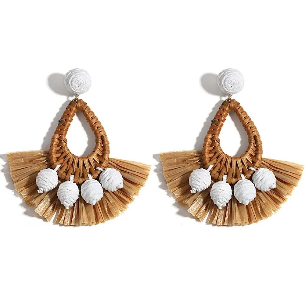 Boho Raffia Rattan Earrings, Handmade with Wood & Zinc Alloy, Lightweight & Bold, 32 Styles for Casual or Boho-Chic Looks