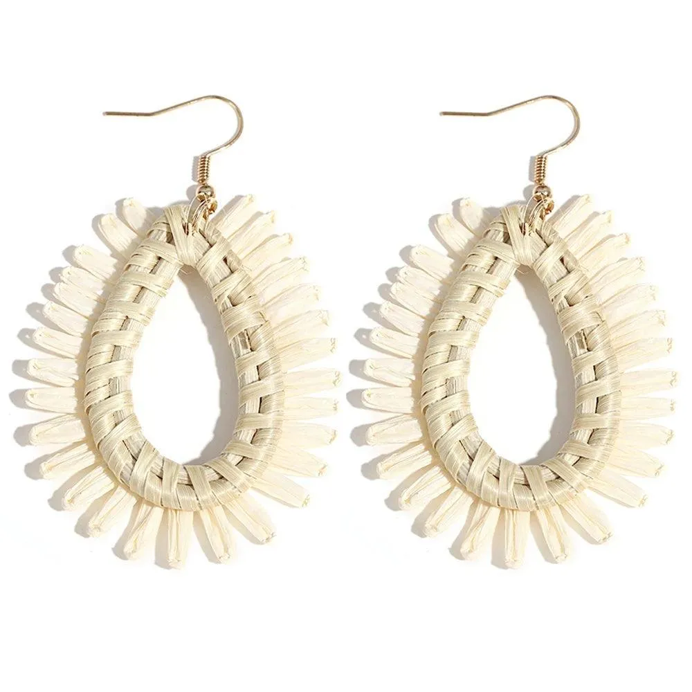 Boho Raffia Rattan Earrings, Handmade with Wood & Zinc Alloy, Lightweight & Bold, 32 Styles for Casual or Boho-Chic Looks