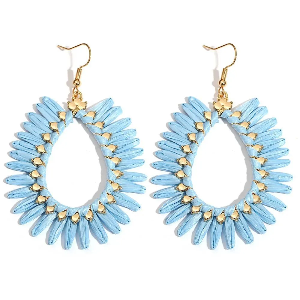 Boho Raffia Rattan Earrings, Handmade with Wood & Zinc Alloy, Lightweight & Bold, 32 Styles for Casual or Boho-Chic Looks