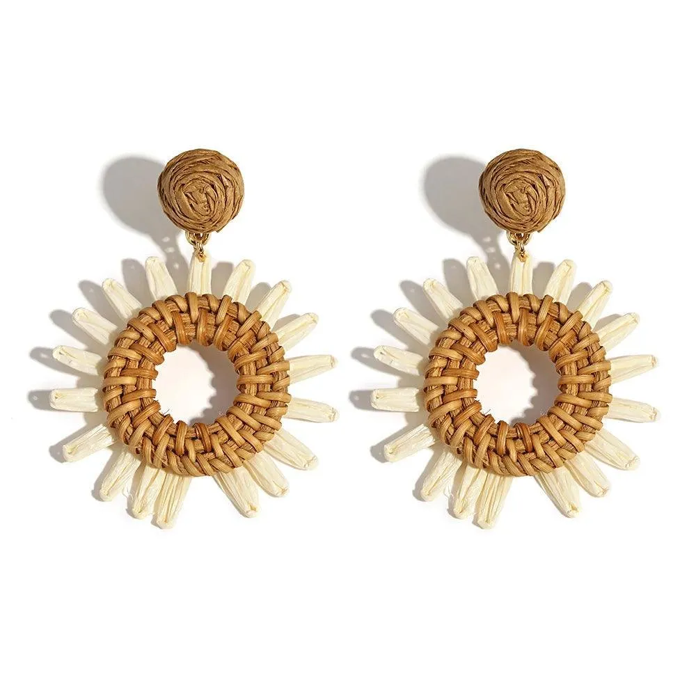 Boho Raffia Rattan Earrings, Handmade with Wood & Zinc Alloy, Lightweight & Bold, 32 Styles for Casual or Boho-Chic Looks