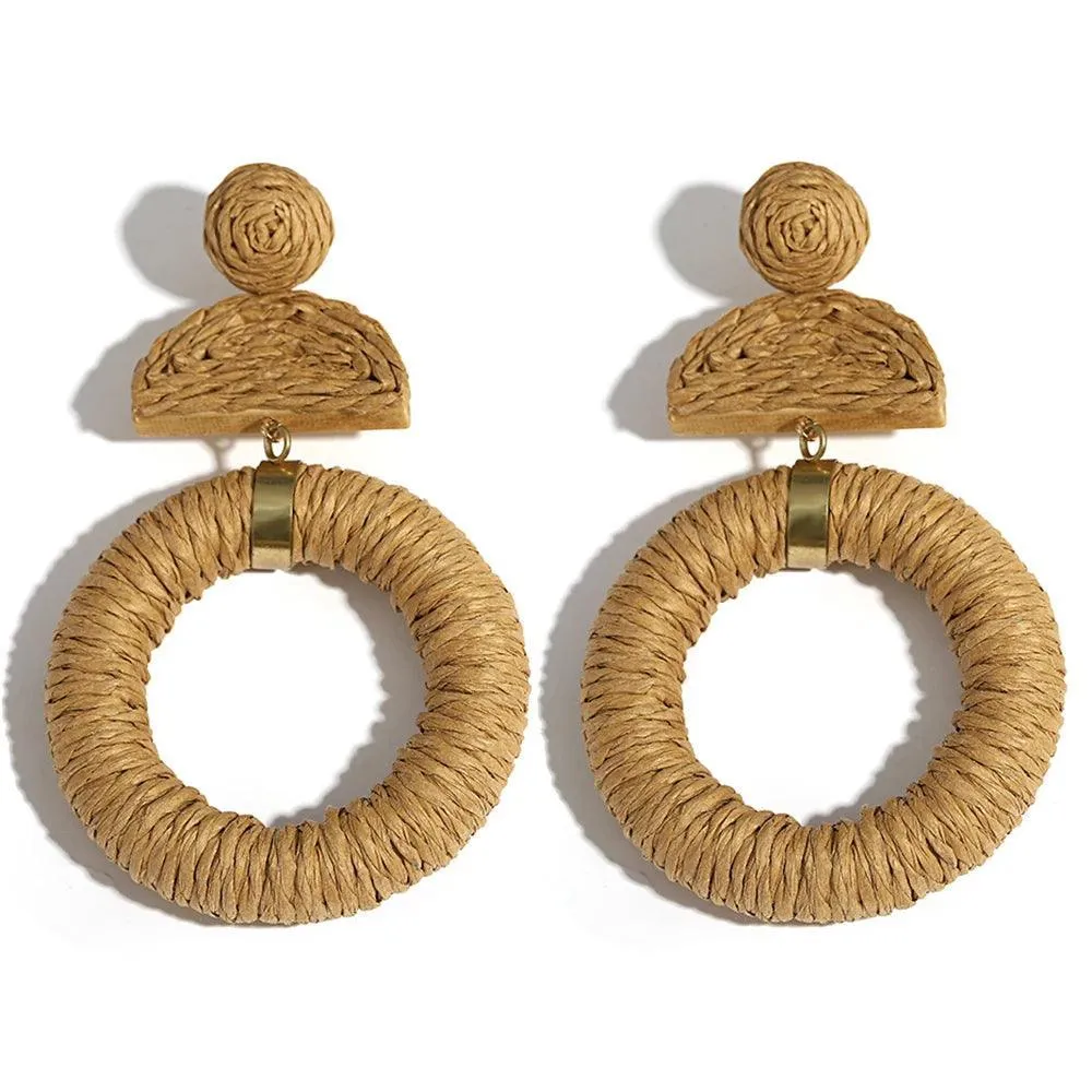 Boho Raffia Rattan Earrings, Handmade with Wood & Zinc Alloy, Lightweight & Bold, 32 Styles for Casual or Boho-Chic Looks
