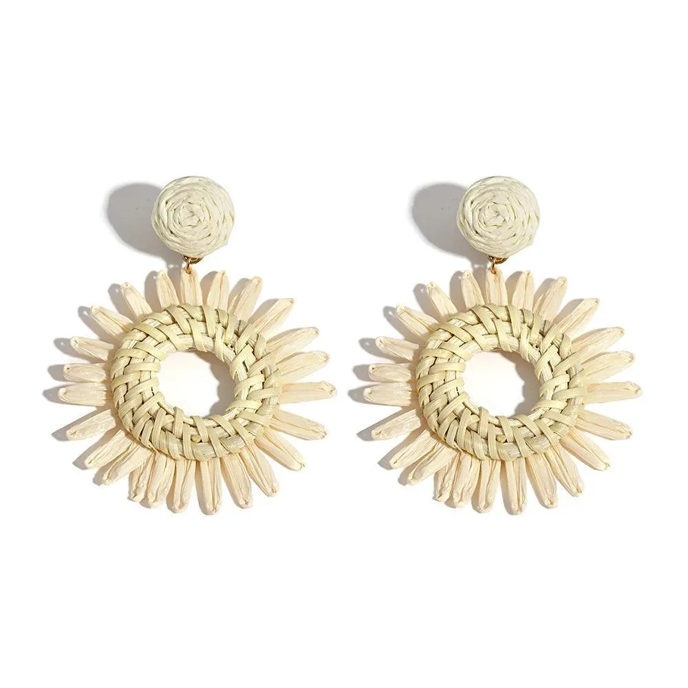 Boho Raffia Rattan Earrings, Handmade with Wood & Zinc Alloy, Lightweight & Bold, 32 Styles for Casual or Boho-Chic Looks