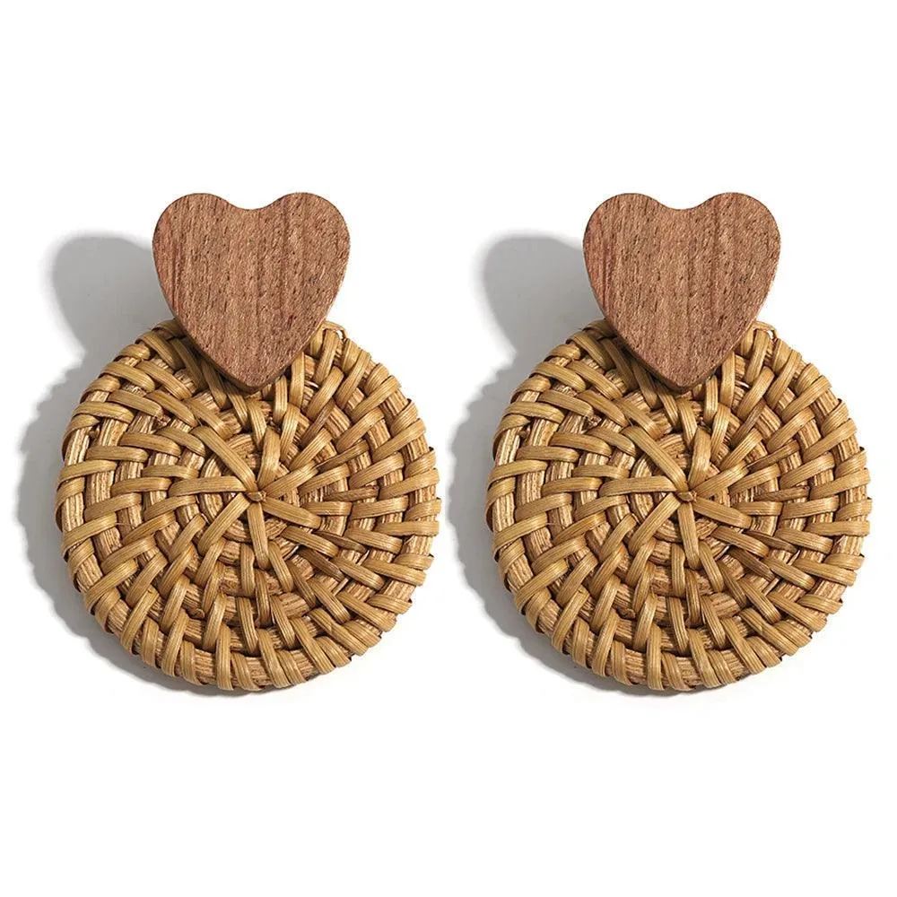 Boho Raffia Rattan Earrings, Handmade with Wood & Zinc Alloy, Lightweight & Bold, 32 Styles for Casual or Boho-Chic Looks