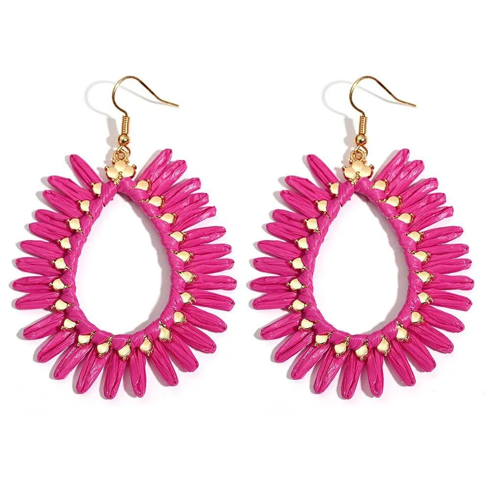 Boho Raffia Rattan Earrings, Handmade with Wood & Zinc Alloy, Lightweight & Bold, 32 Styles for Casual or Boho-Chic Looks