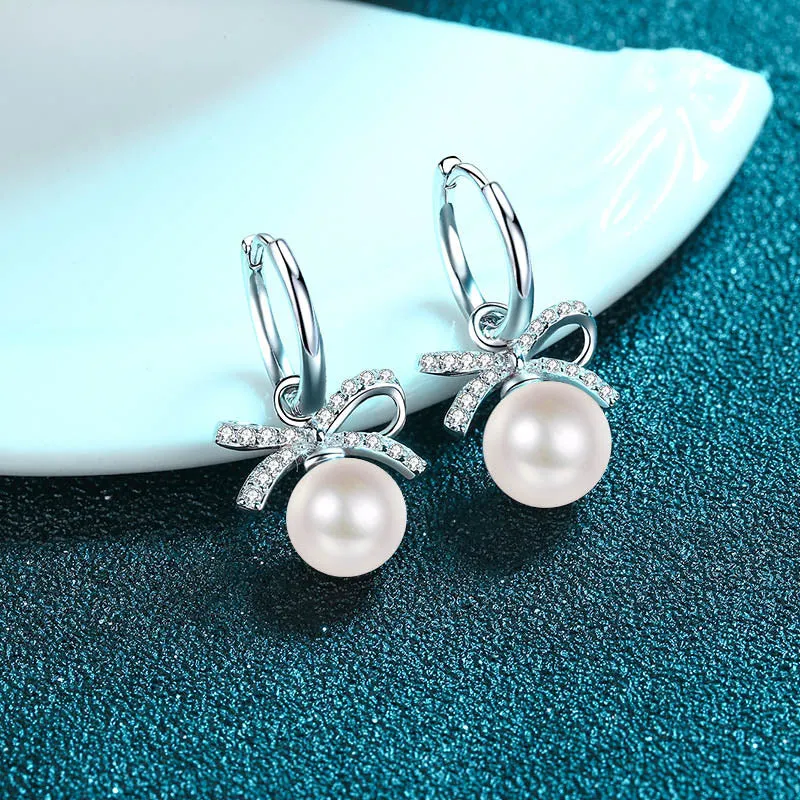 Bow Pearl Drop Earrings - Versatile with 925 Sliver