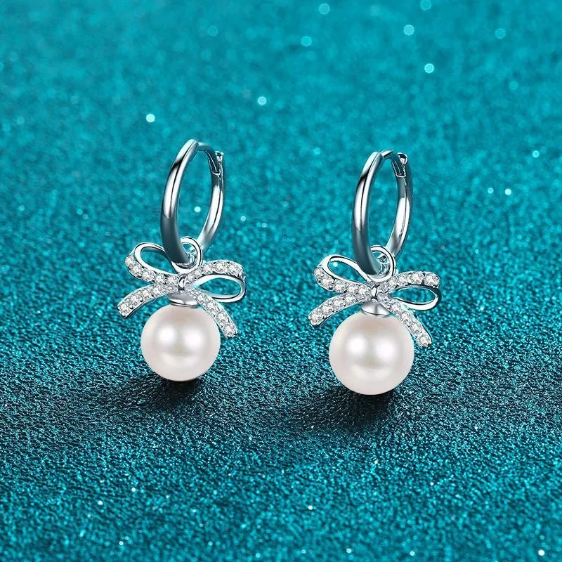 Bow Pearl Drop Earrings - Versatile with 925 Sliver