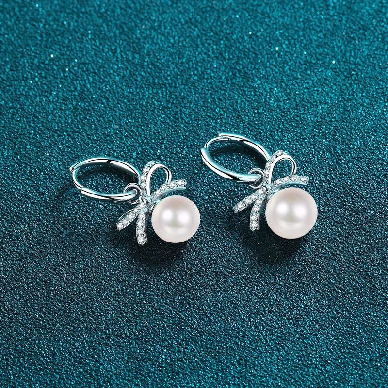 Bow Pearl Drop Earrings - Versatile with 925 Sliver