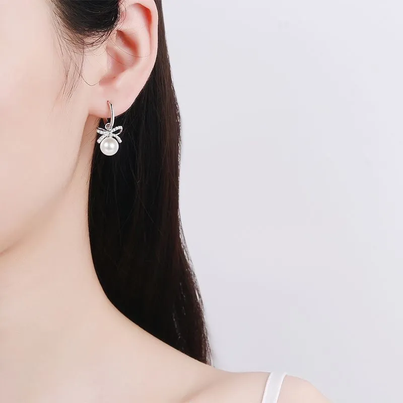 Bow Pearl Drop Earrings - Versatile with 925 Sliver