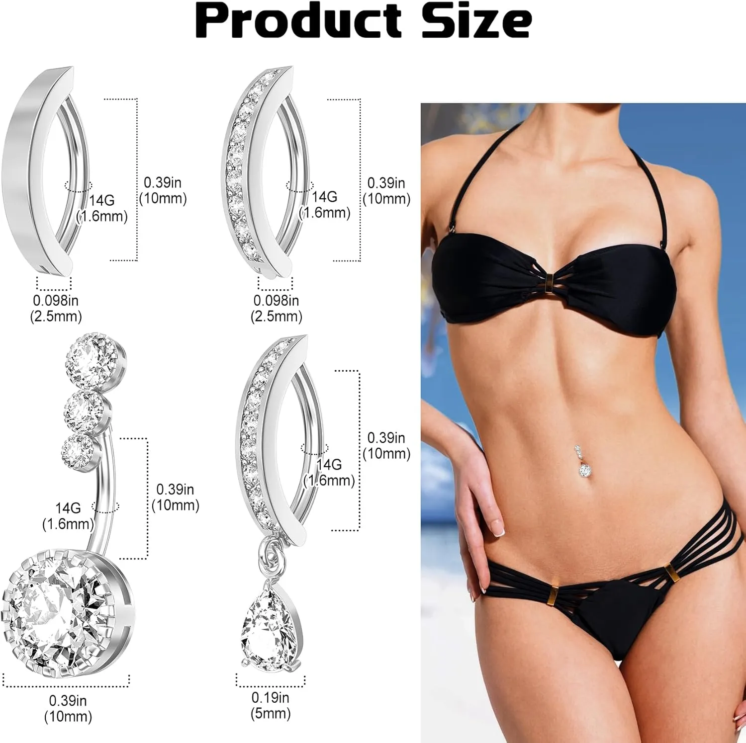 CandyHome 4Pcs 14G Belly Button Ring, Clicker Belly Rings for Women, Surgical Stainless Steel CZ Reverse Navel Body Piercing Jewelry, Gold/Silver