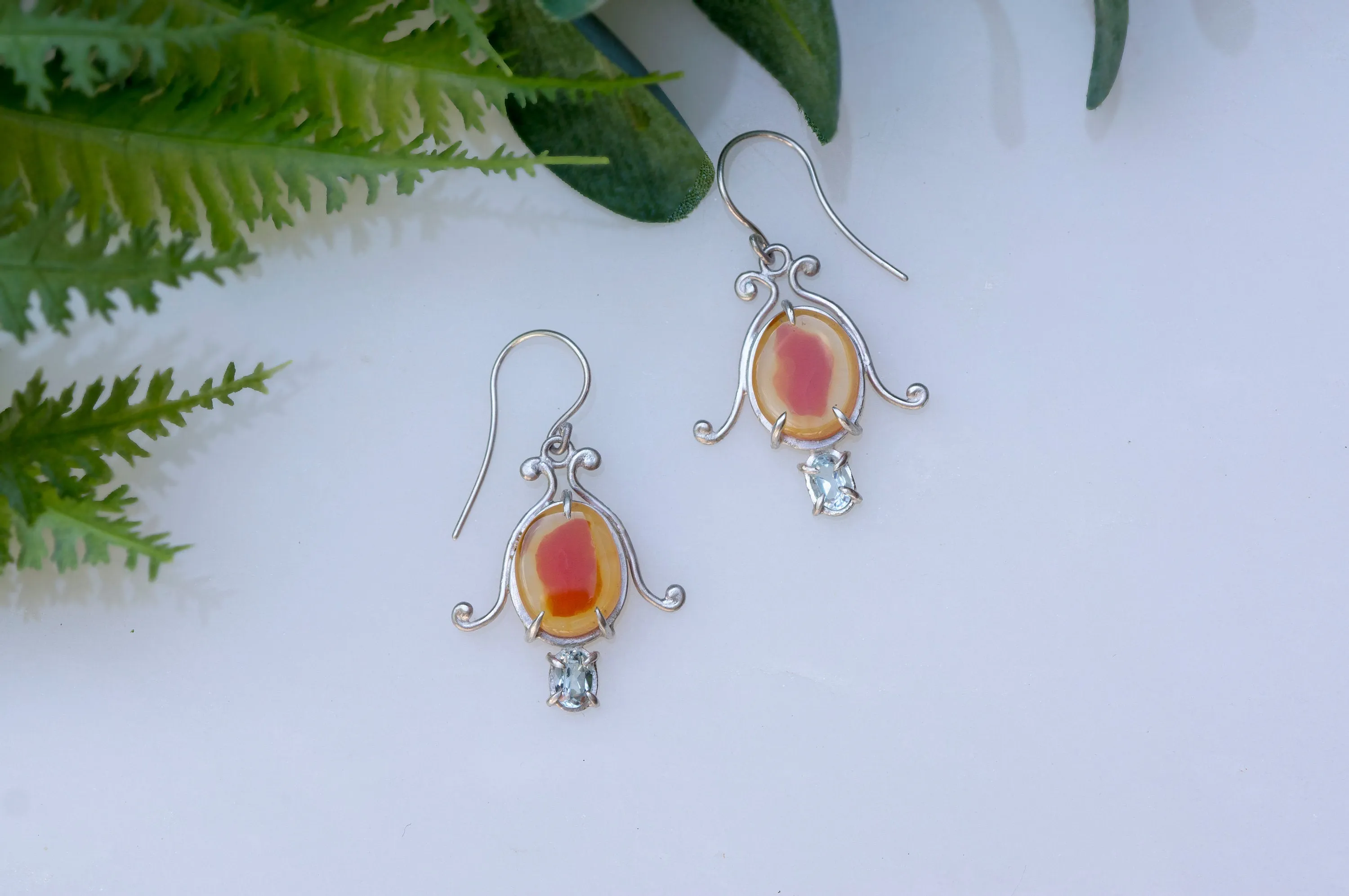 Carnelian and aquamarine bell flower dangle earrings