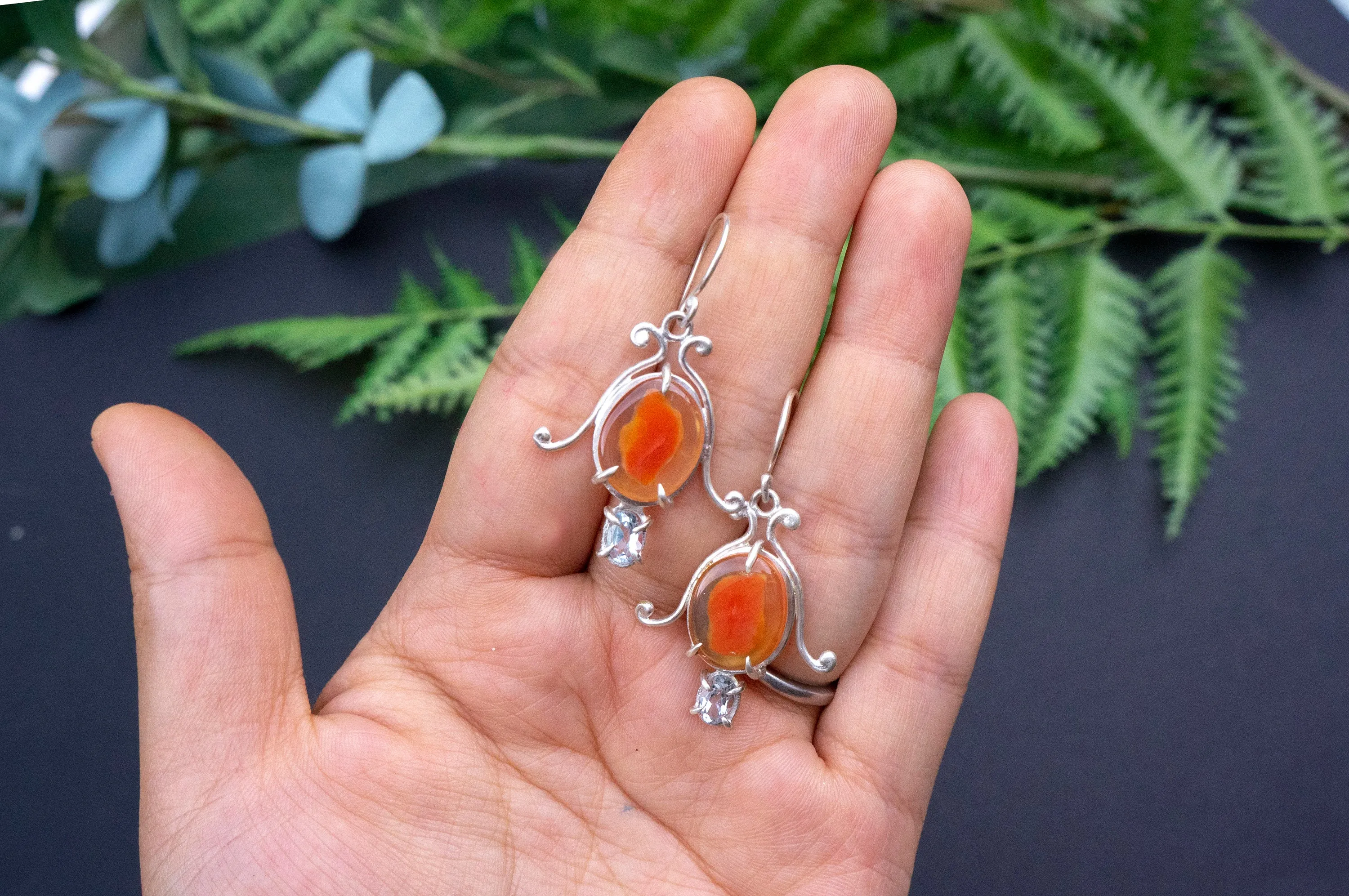 Carnelian and aquamarine bell flower dangle earrings