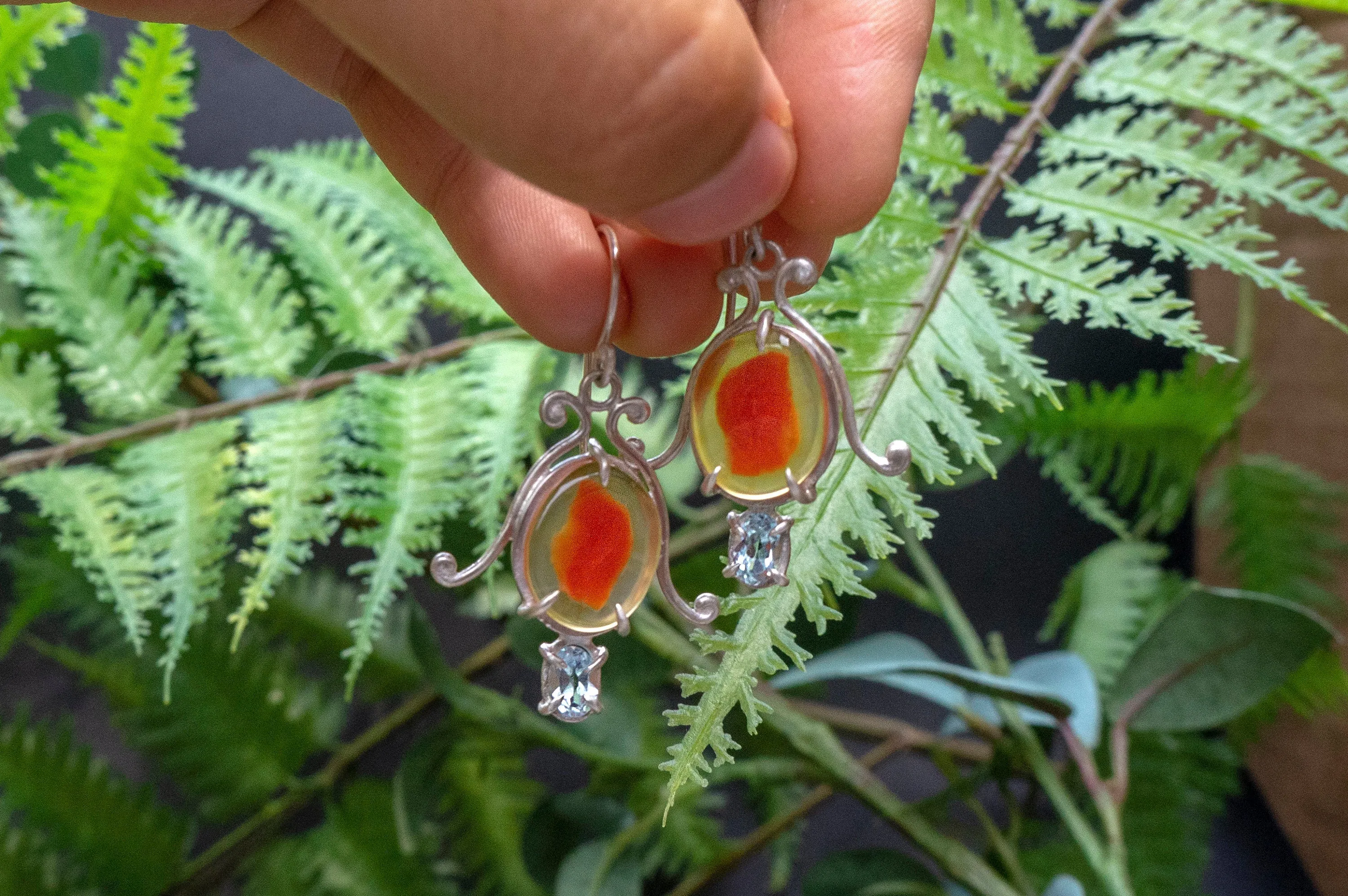 Carnelian and aquamarine bell flower dangle earrings