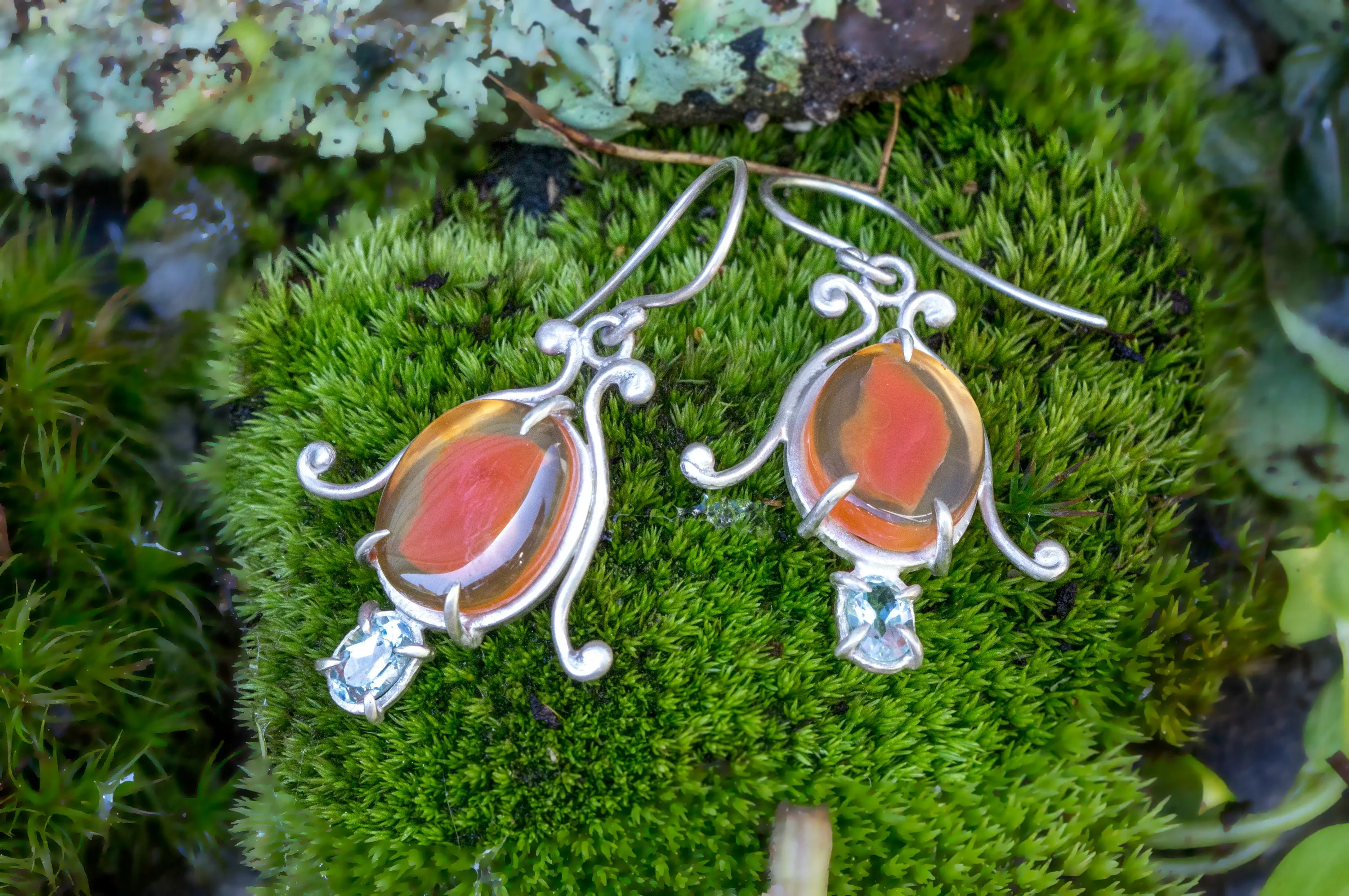Carnelian and aquamarine bell flower dangle earrings