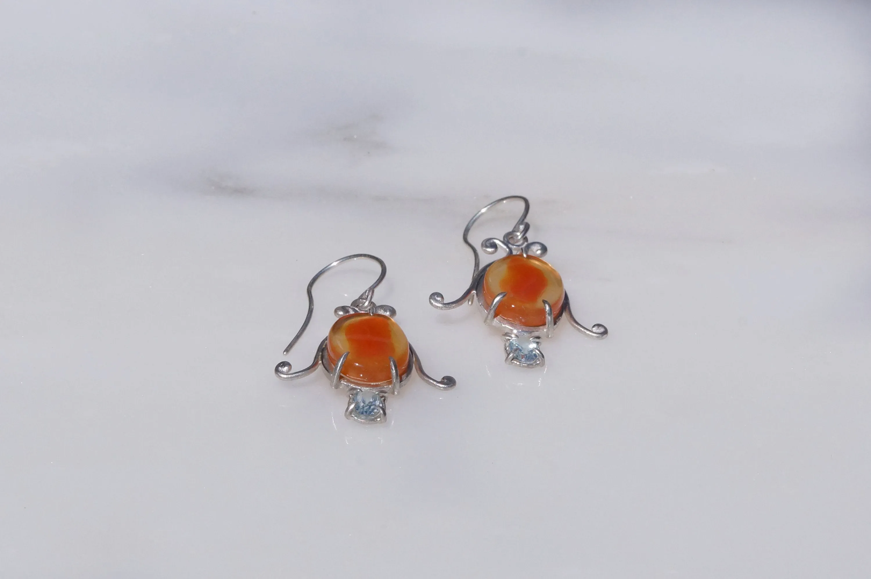 Carnelian and aquamarine bell flower dangle earrings