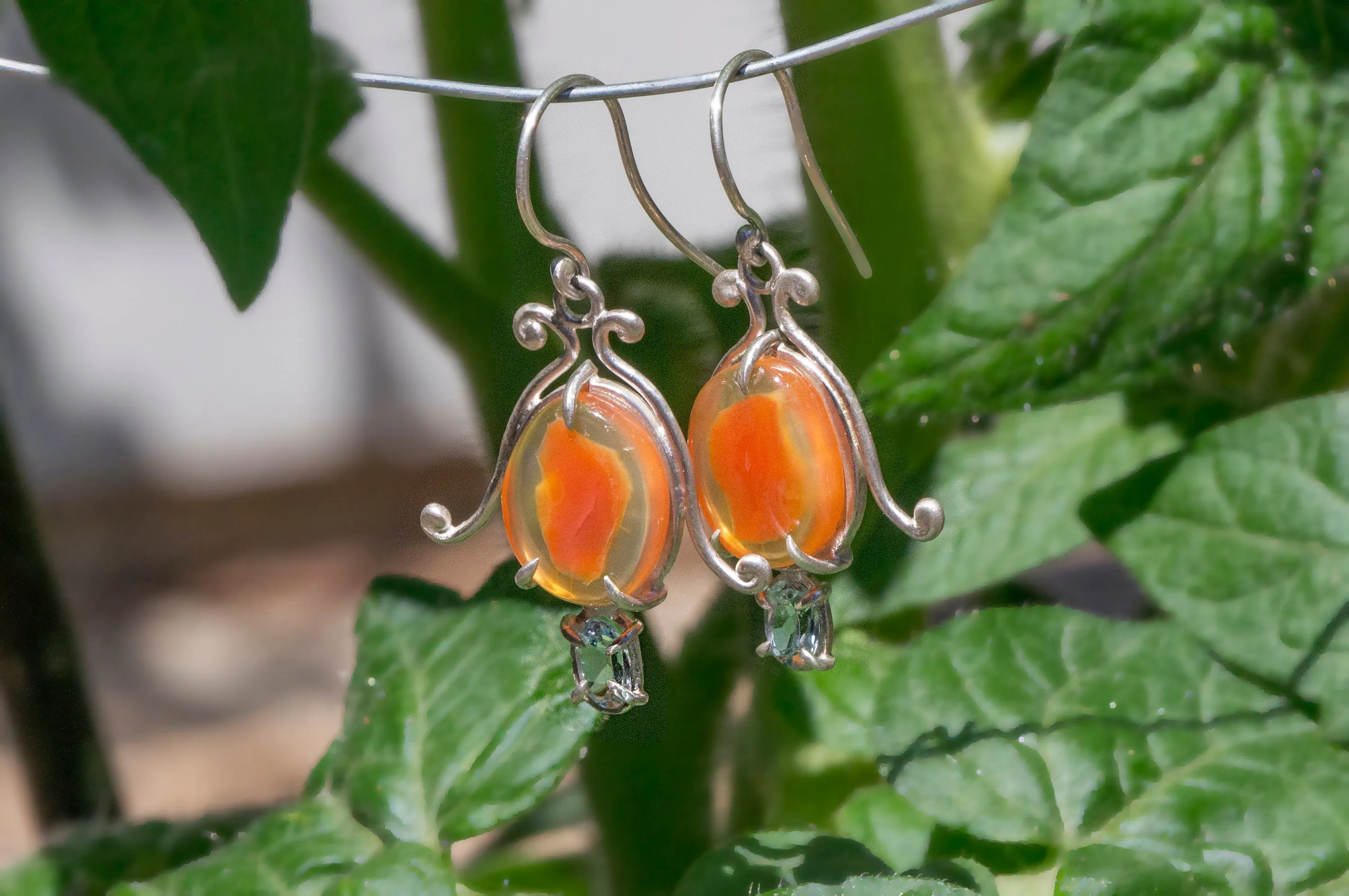 Carnelian and aquamarine bell flower dangle earrings