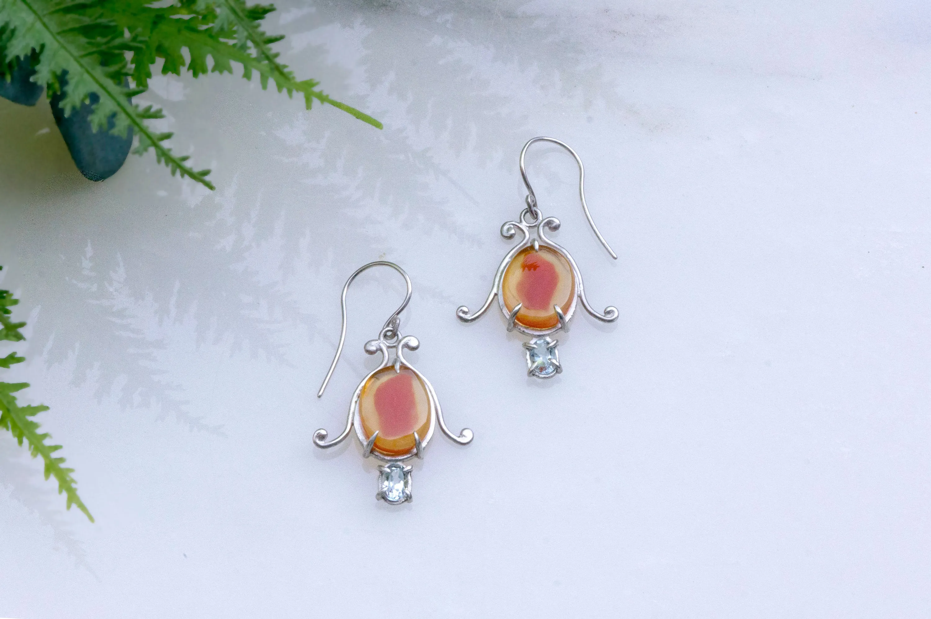 Carnelian and aquamarine bell flower dangle earrings