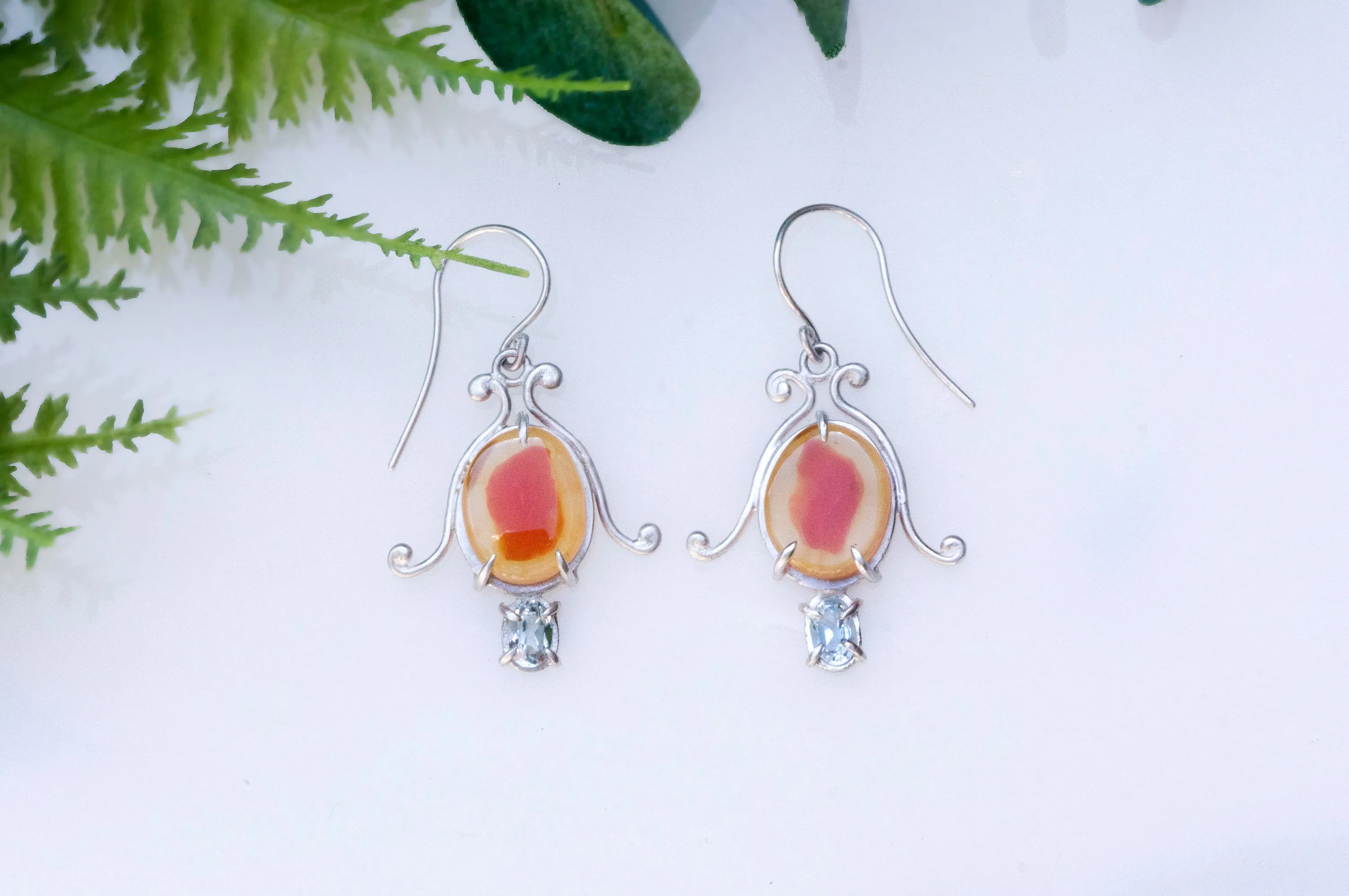 Carnelian and aquamarine bell flower dangle earrings