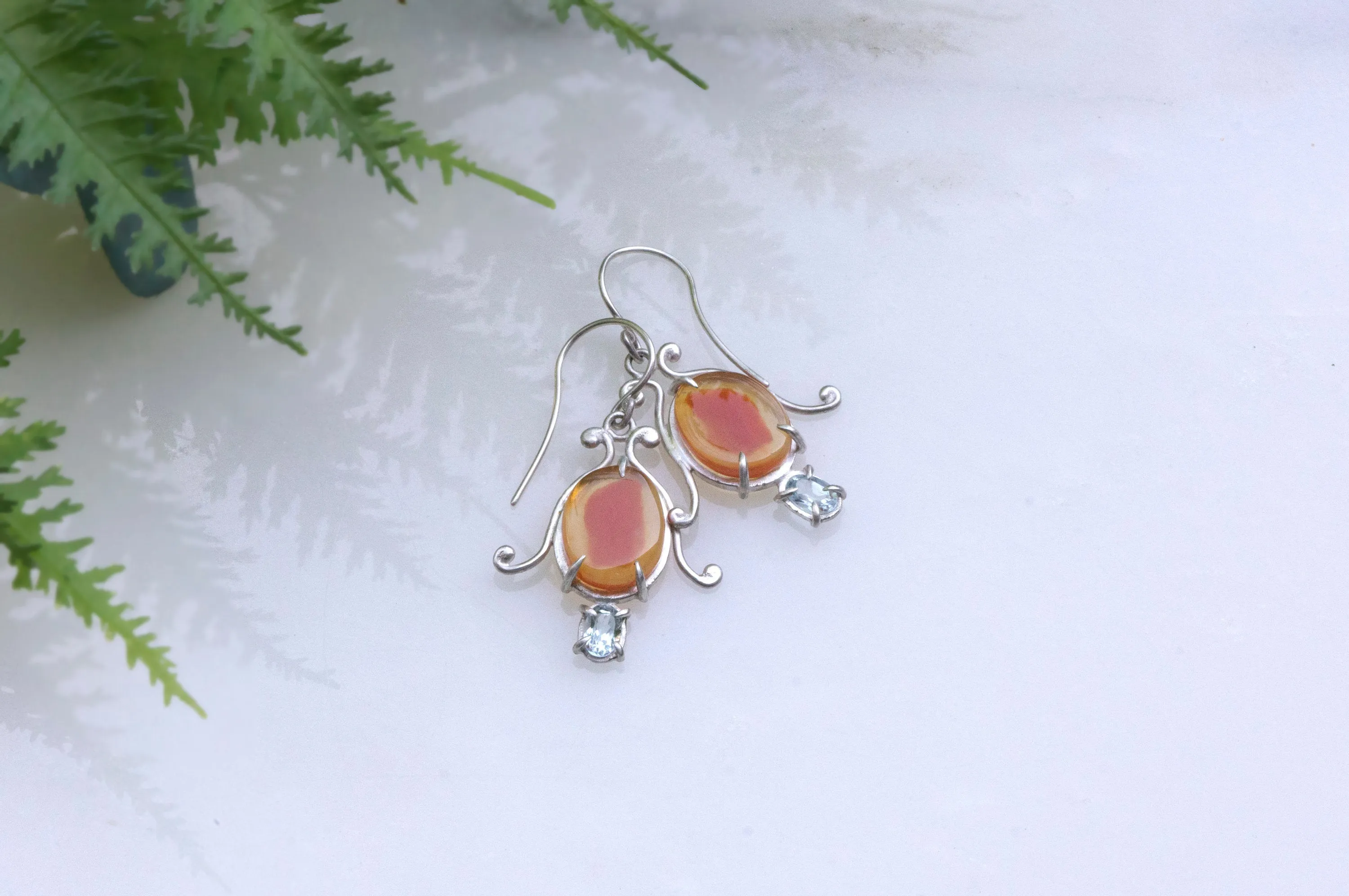 Carnelian and aquamarine bell flower dangle earrings