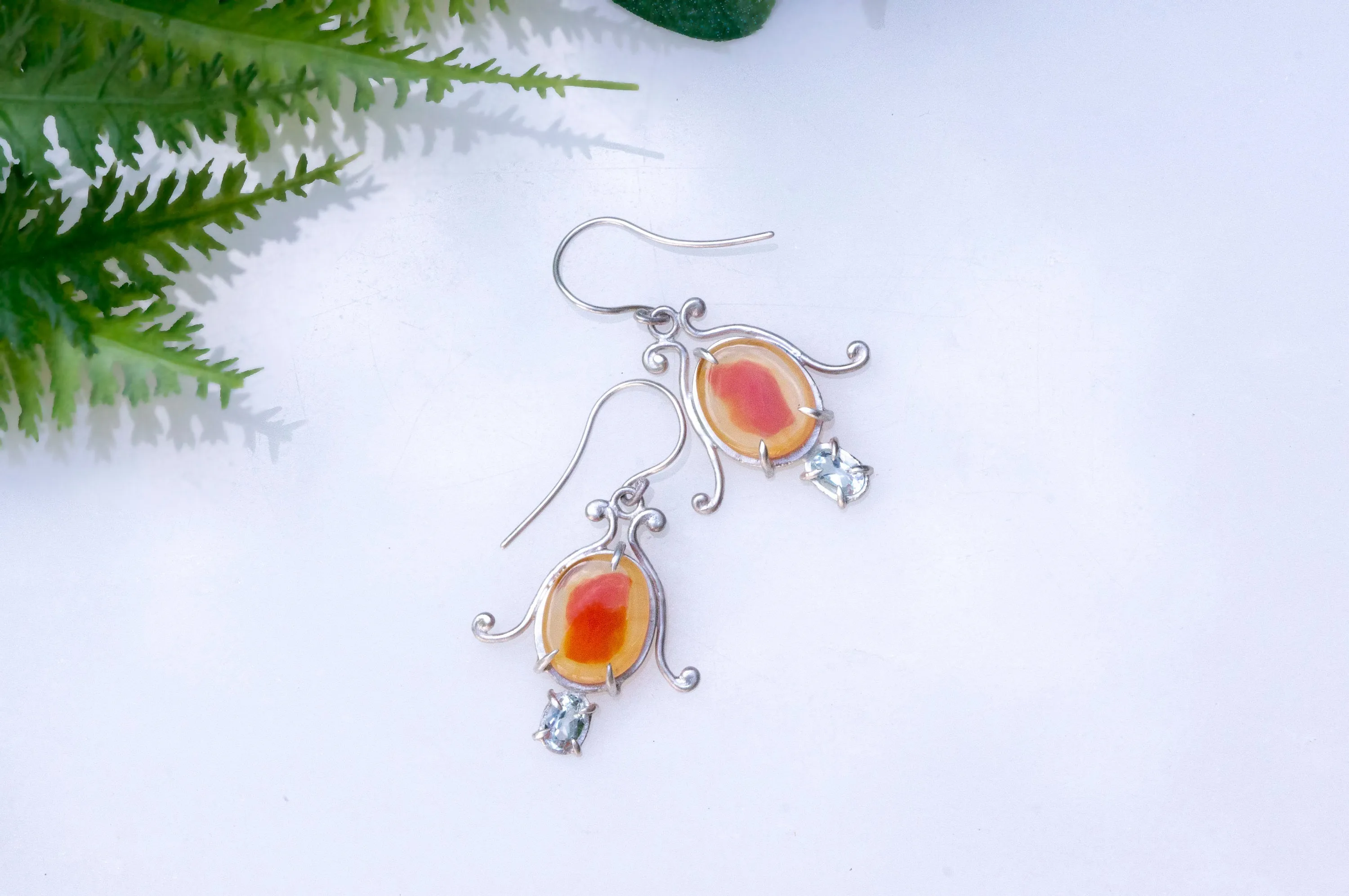 Carnelian and aquamarine bell flower dangle earrings