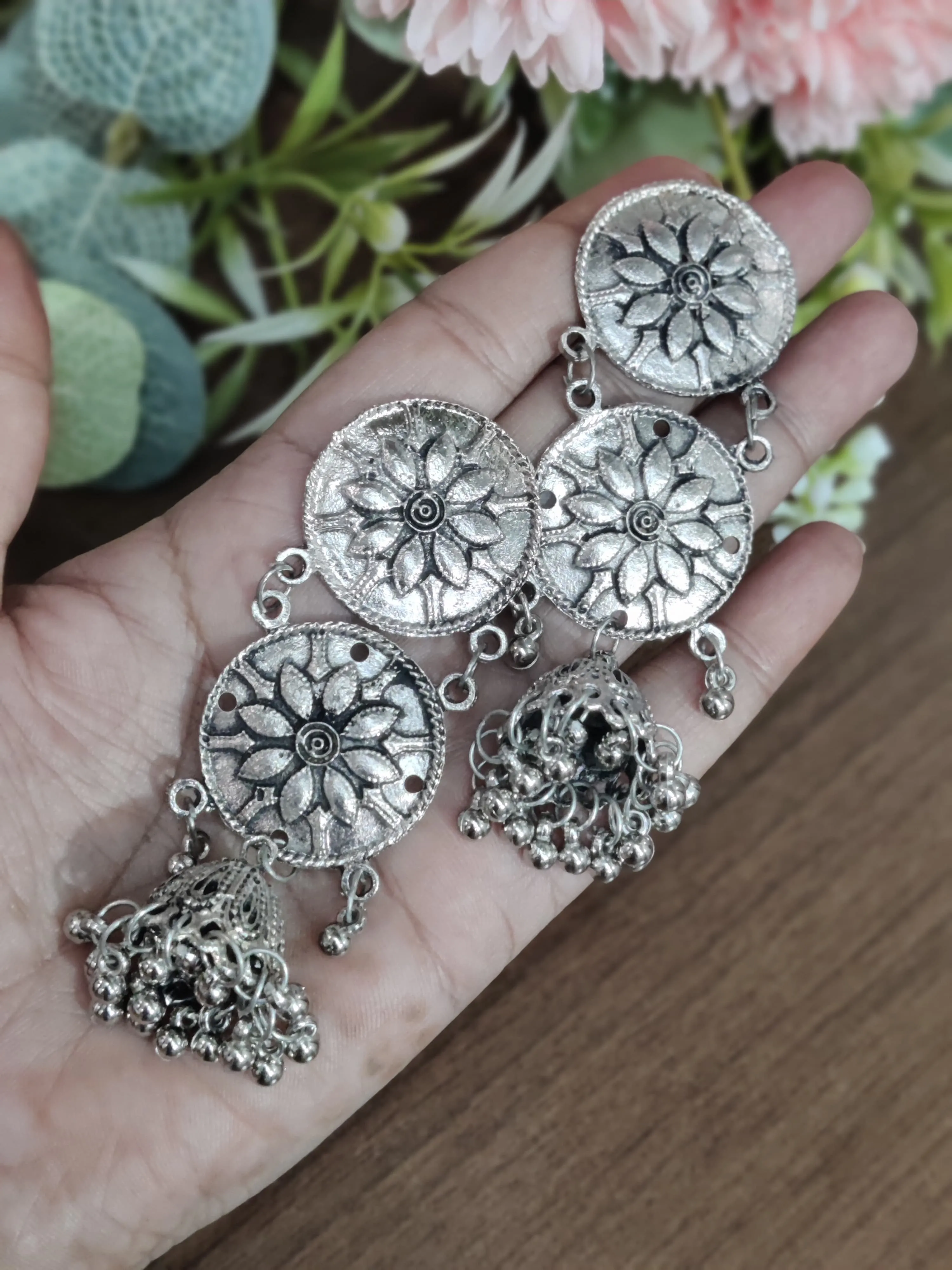 Celebrity Inspired Oxidised Silver Big Size Jhumki Earrings for Girls and Women