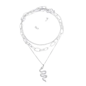 Chic and Sleek Silver Fashion Jewelry: Layered Serpent Pendant Necklace