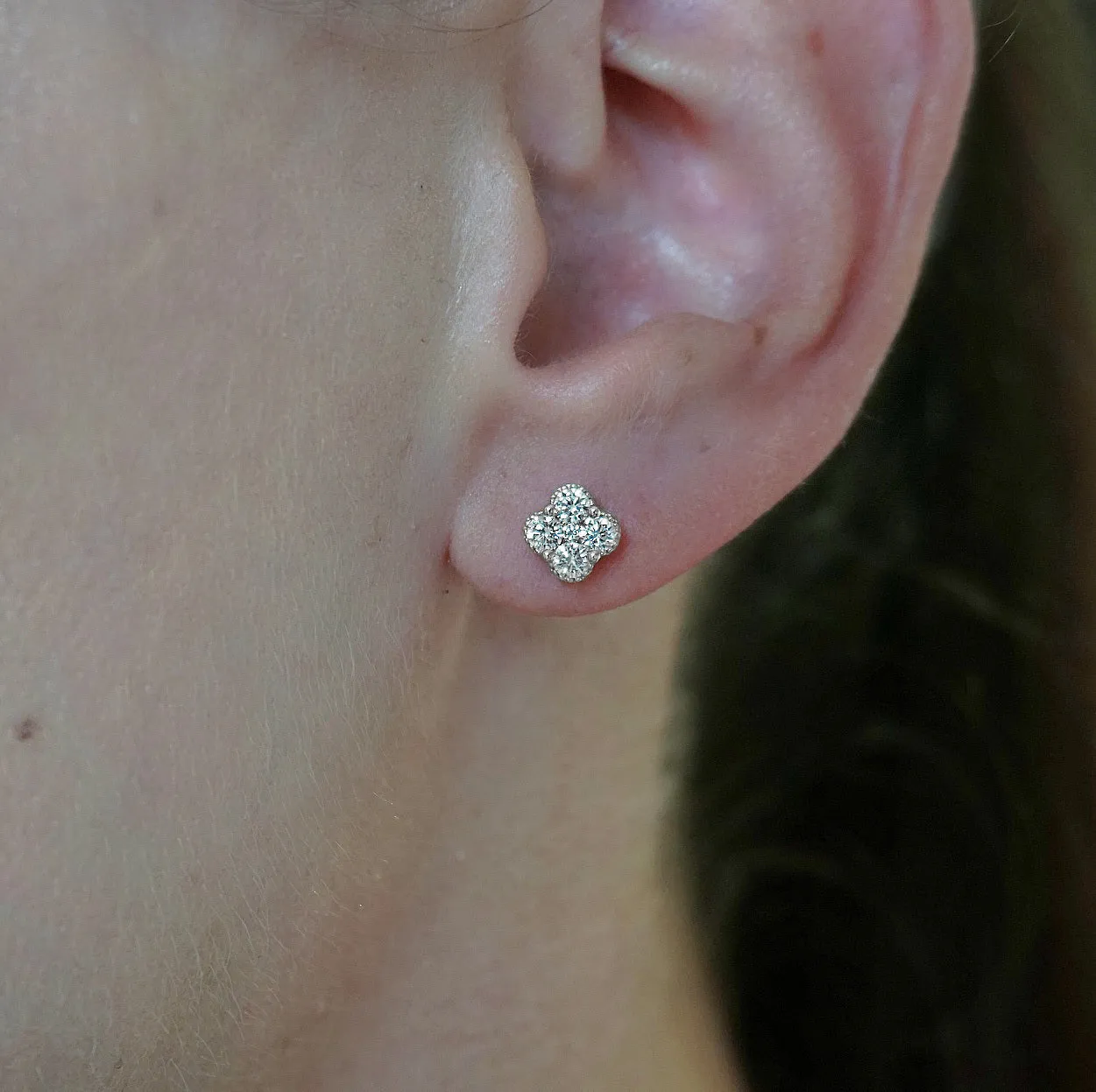 Clover Diamond Stud Earrings-White Gold