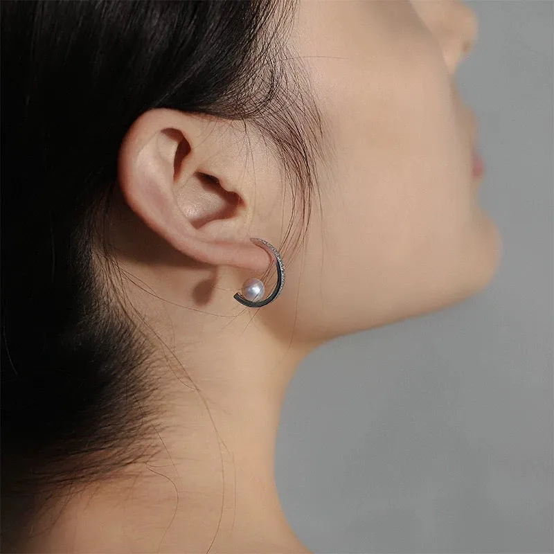 Dazzling Semi-Circular Hoop Diamond Pearl Earrings