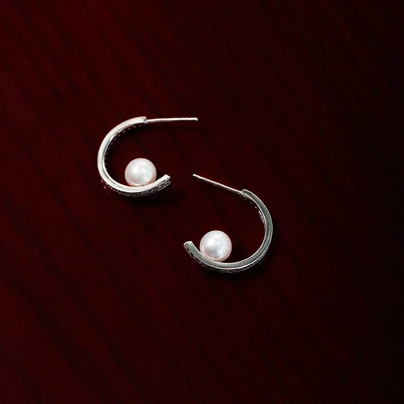 Dazzling Semi-Circular Hoop Diamond Pearl Earrings