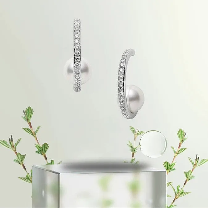Dazzling Semi-Circular Hoop Diamond Pearl Earrings