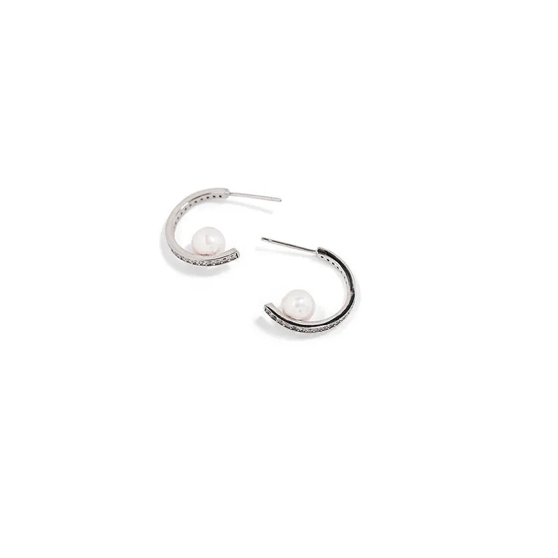 Dazzling Semi-Circular Hoop Diamond Pearl Earrings