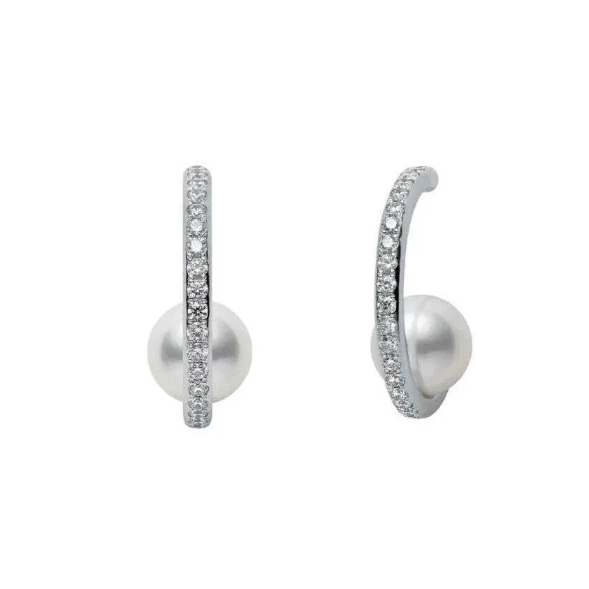 Dazzling Semi-Circular Hoop Diamond Pearl Earrings