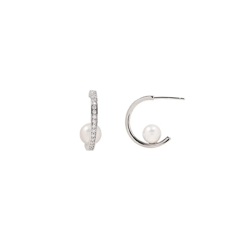 Dazzling Semi-Circular Hoop Diamond Pearl Earrings