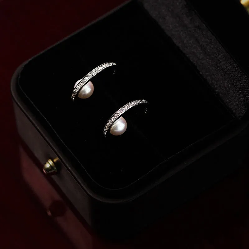 Dazzling Semi-Circular Hoop Diamond Pearl Earrings