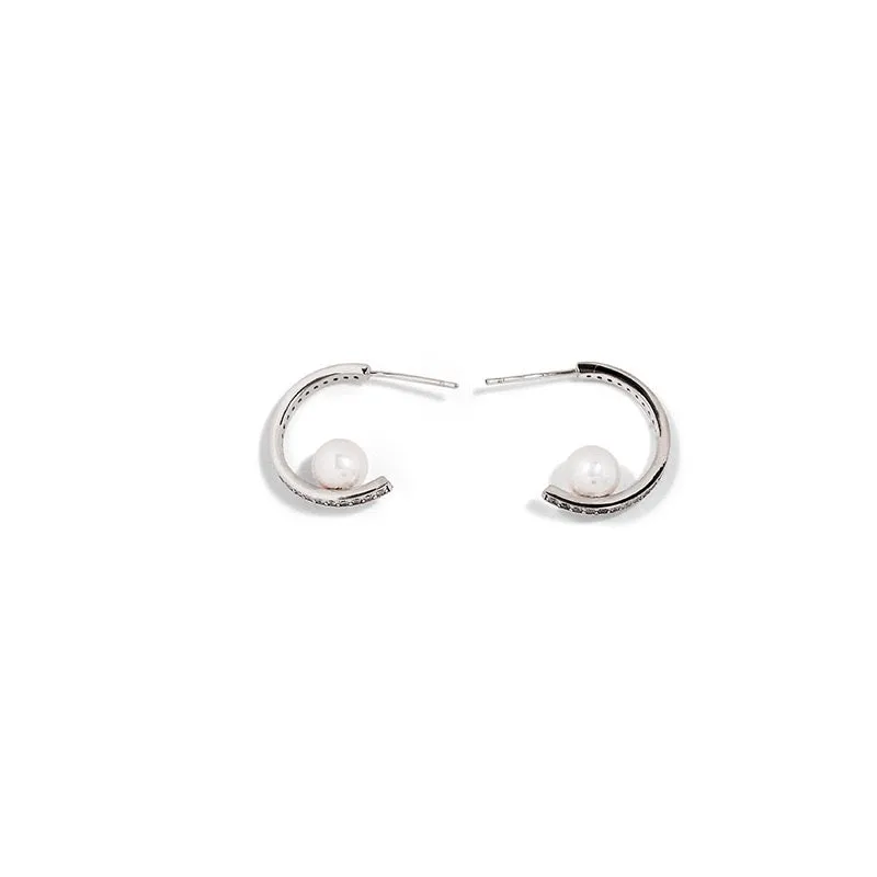 Dazzling Semi-Circular Hoop Diamond Pearl Earrings