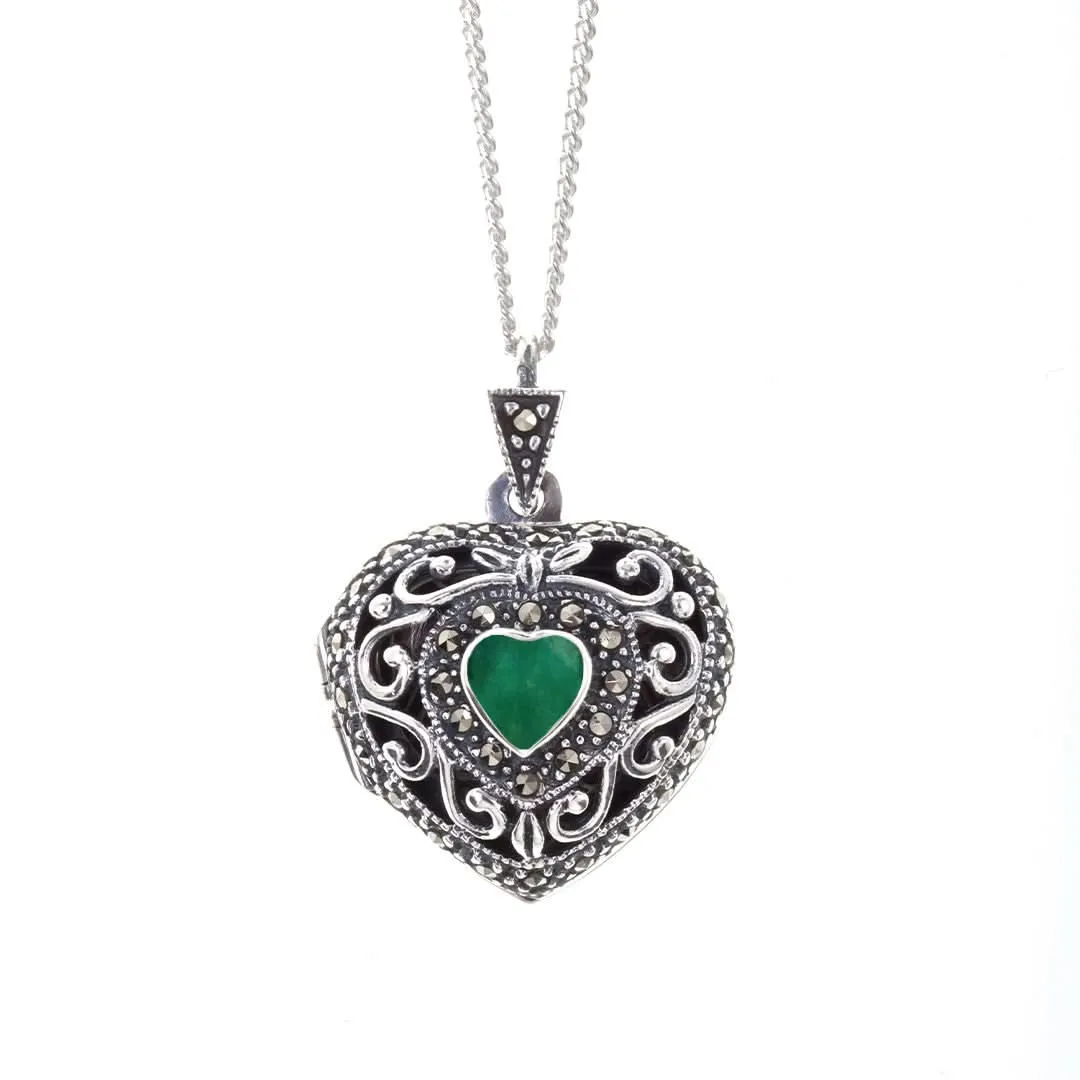 Emerald Vintage Heart Locket | White Gold