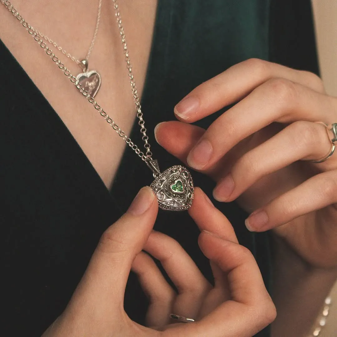 Emerald Vintage Heart Locket | White Gold