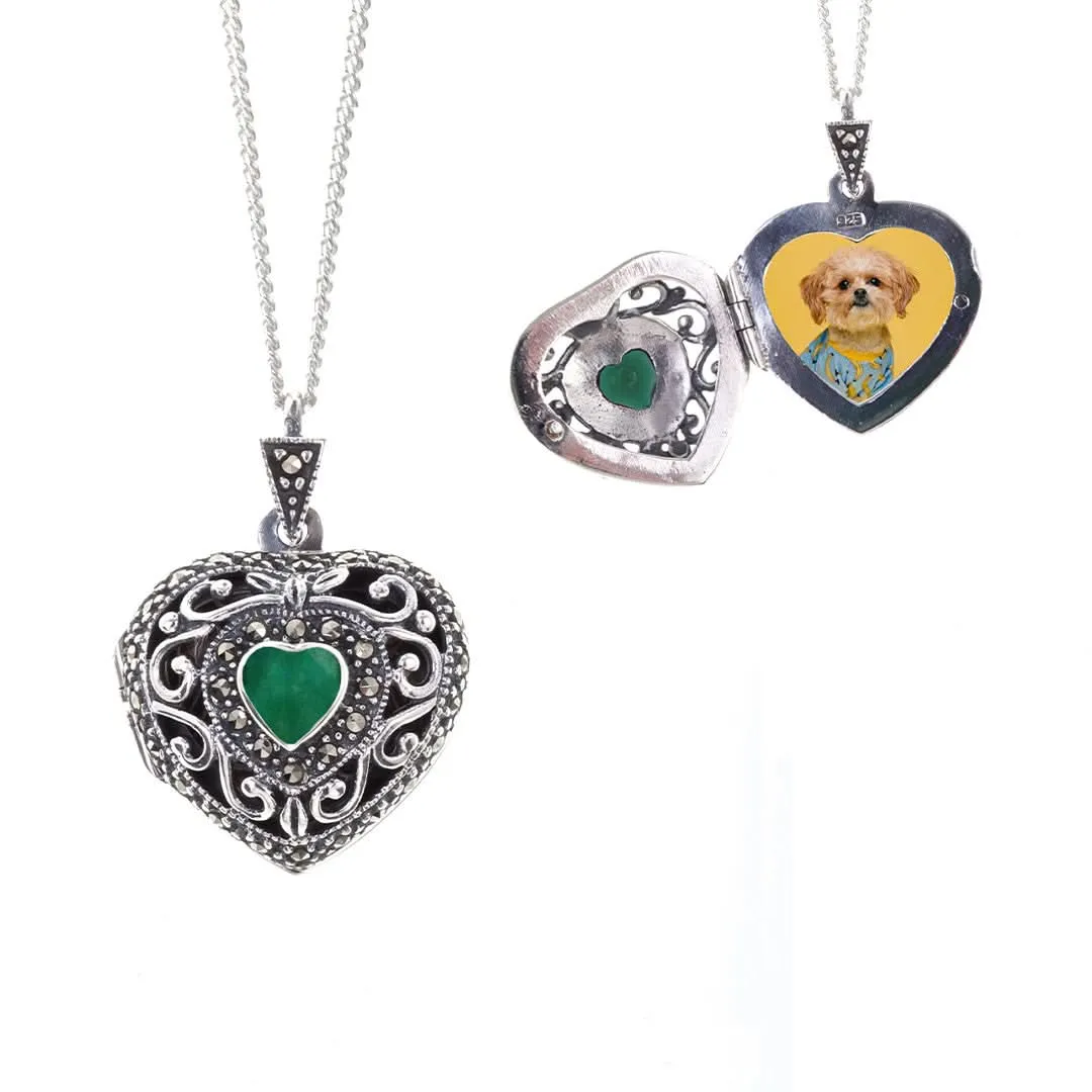 Emerald Vintage Heart Locket | White Gold