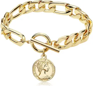 FAMARINE Charm Bracelets for Women 4MM, Gold Chain Cuban Link Mens Bracelet for Friendship Bracelets Gift Toggle Clasp, 18K Gold