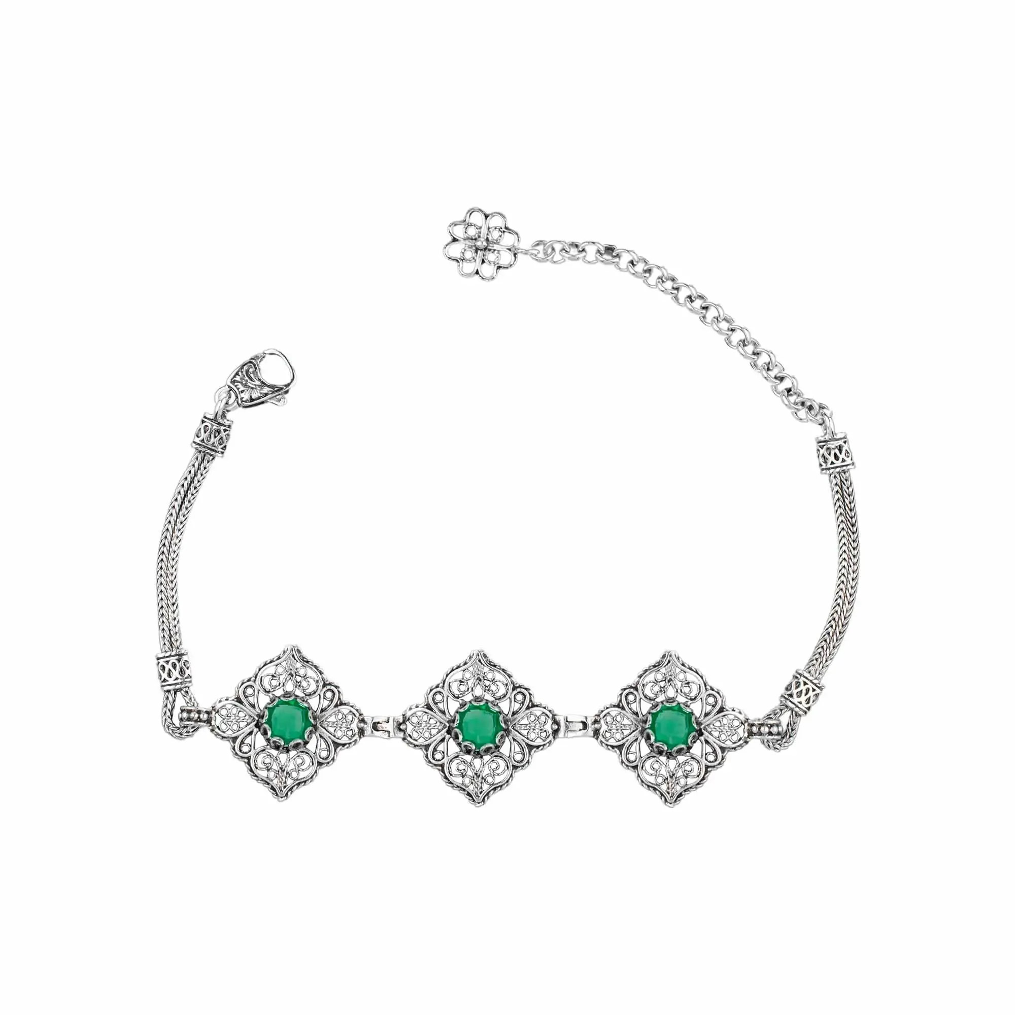 Filigree Art Sterling Silver Emerald Gemstone Woman Adjustable Link Bracelet