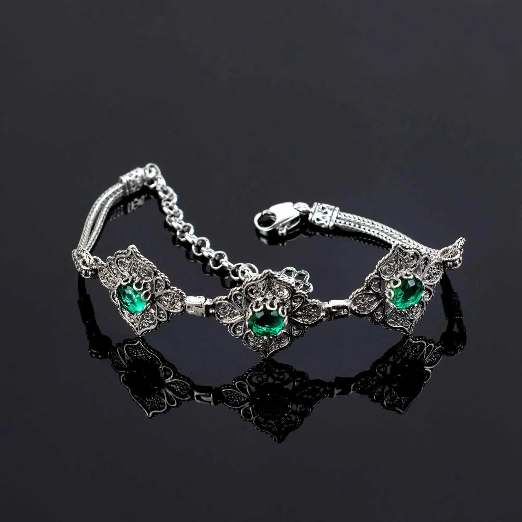 Filigree Art Sterling Silver Emerald Gemstone Woman Adjustable Link Bracelet