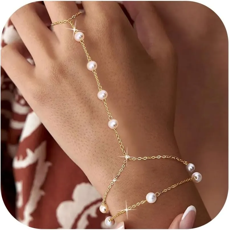 Florideco Gold Hand Chain Bracelets for Women Trendy 2 Piece Adjustable Finger Ring Bracelet Stack Dainty 14K Gold Plated CZ Layered Beaded Hand Chains Jewelry Gifts