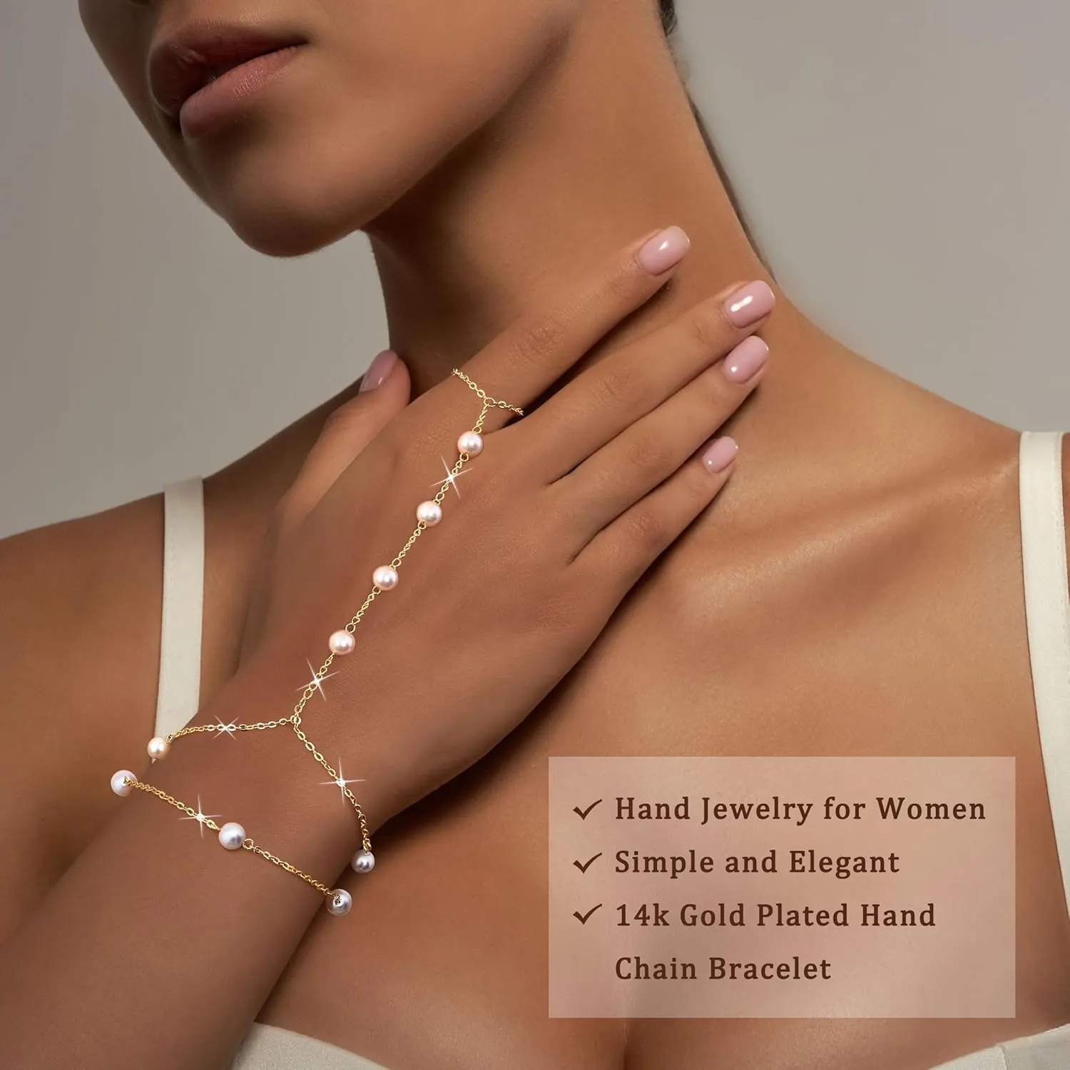 Florideco Gold Hand Chain Bracelets for Women Trendy 2 Piece Adjustable Finger Ring Bracelet Stack Dainty 14K Gold Plated CZ Layered Beaded Hand Chains Jewelry Gifts