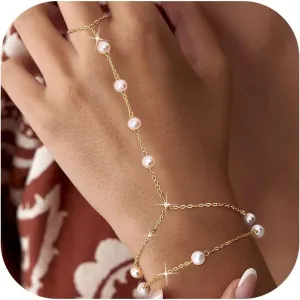 Florideco Gold Hand Chain Bracelets for Women Trendy 2 Piece Adjustable Finger Ring Bracelet Stack Dainty 14K Gold Plated CZ Layered Beaded Hand Chains Jewelry Gifts
