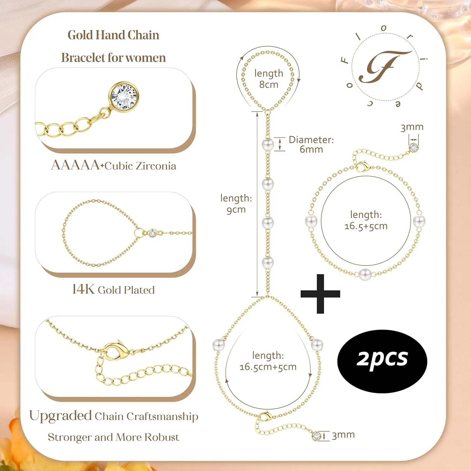 Florideco Gold Hand Chain Bracelets for Women Trendy 2 Piece Adjustable Finger Ring Bracelet Stack Dainty 14K Gold Plated CZ Layered Beaded Hand Chains Jewelry Gifts