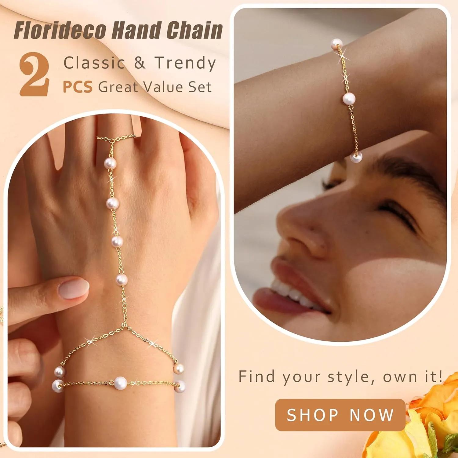 Florideco Gold Hand Chain Bracelets for Women Trendy 2 Piece Adjustable Finger Ring Bracelet Stack Dainty 14K Gold Plated CZ Layered Beaded Hand Chains Jewelry Gifts