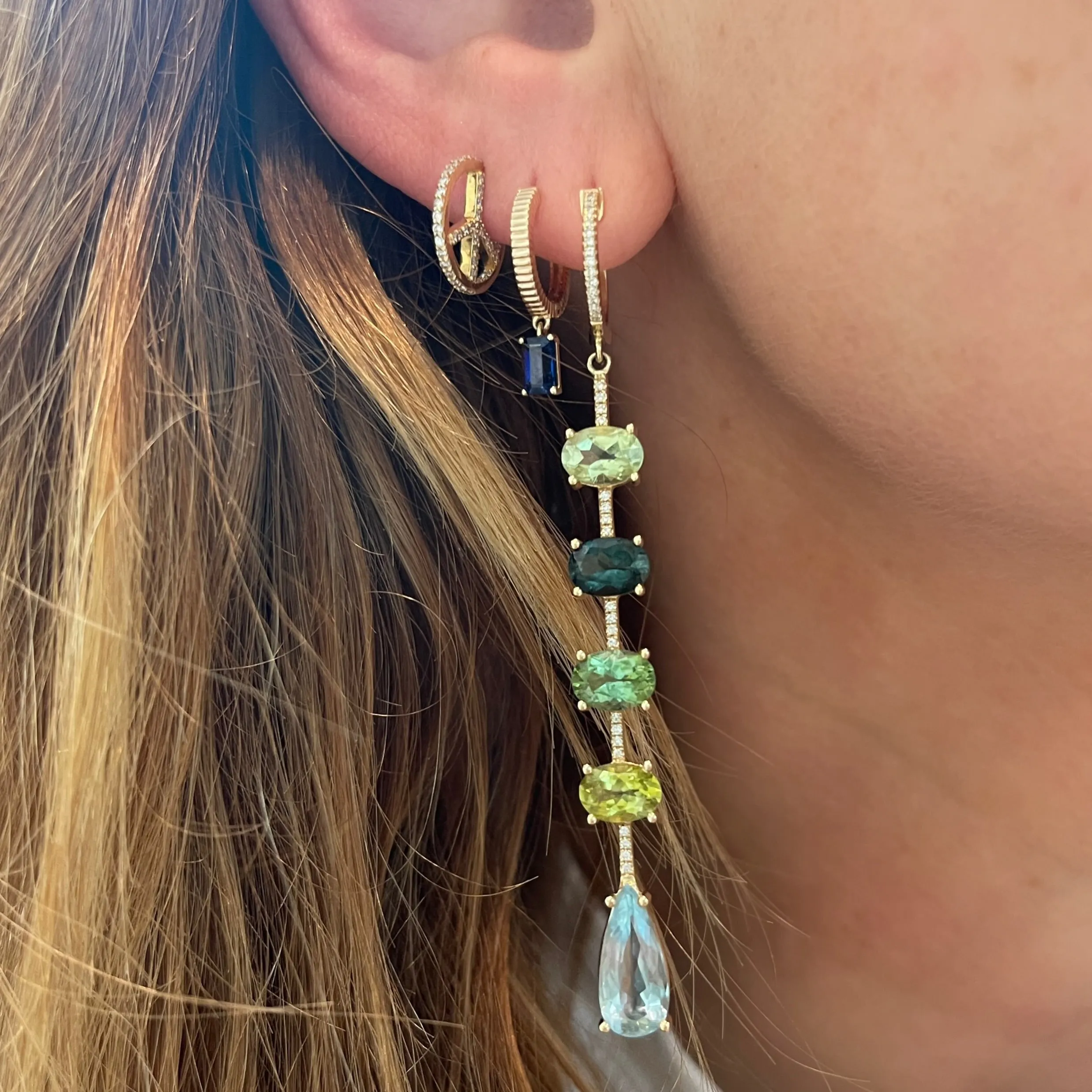 Fluted Huggie Earrings with Emerald Cut Sapphire Drop