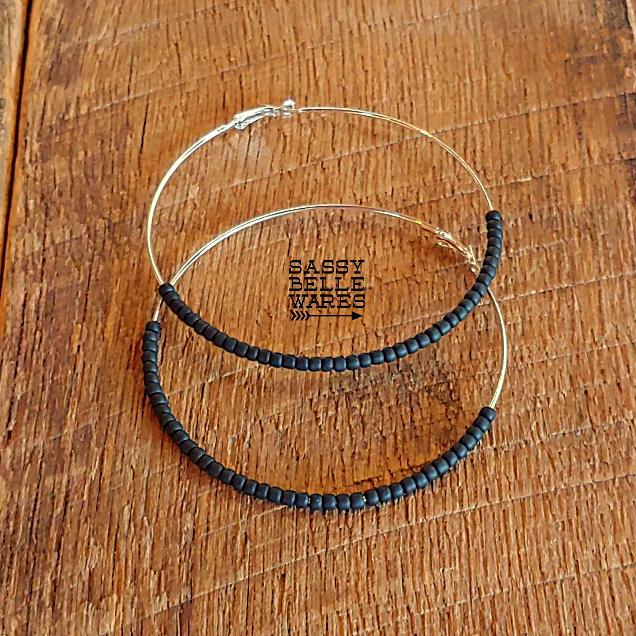 Giant Beaded Hoop Earrings 3.5" Diameter Silver Hoops Black Beads