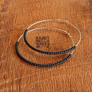 Giant Beaded Hoop Earrings 3.5" Diameter Silver Hoops Black Beads